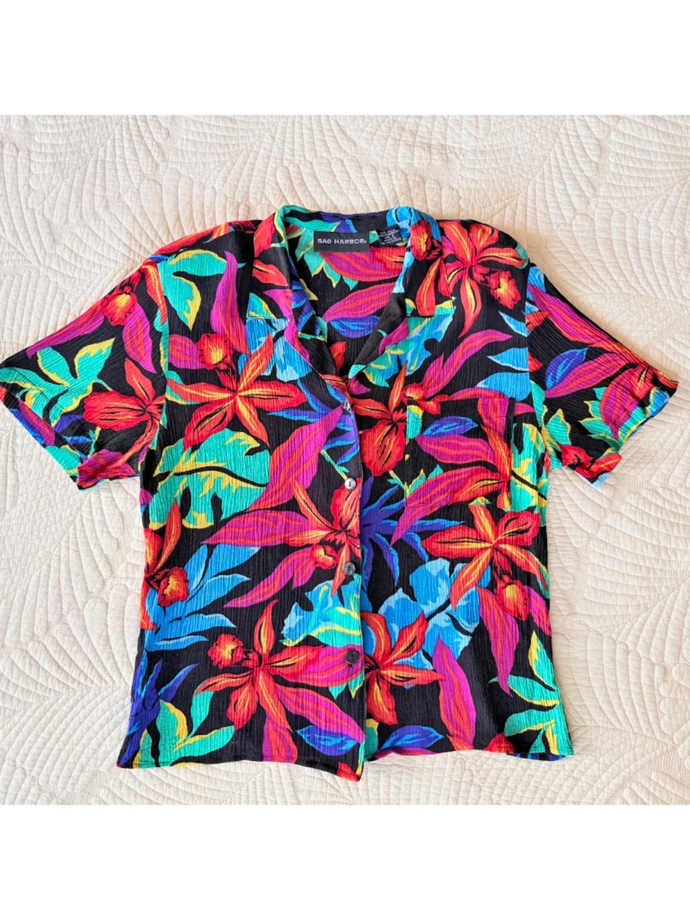 Vtg 90s Sag Harbor Tropical Neon Rayon Camp Shirt Beach Aloha Surf Grunge Sz S